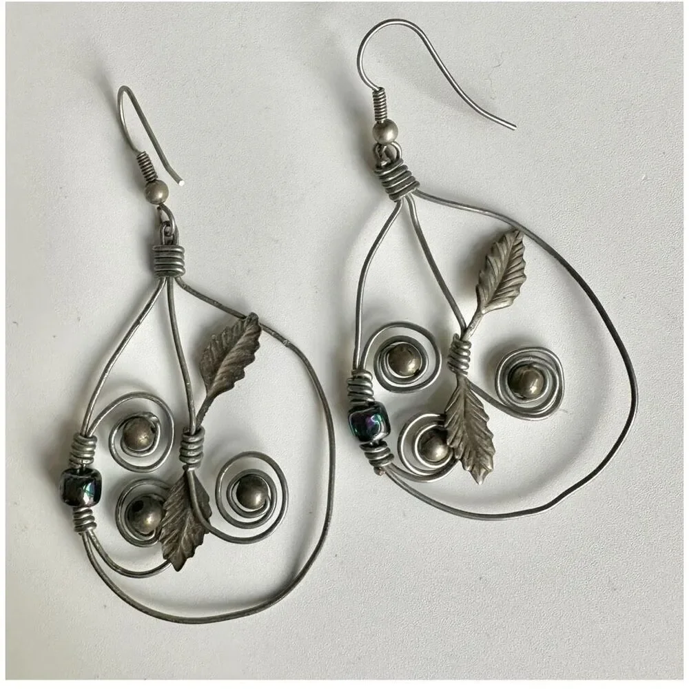 Silver tone teardrop leaf wire artisan earrings